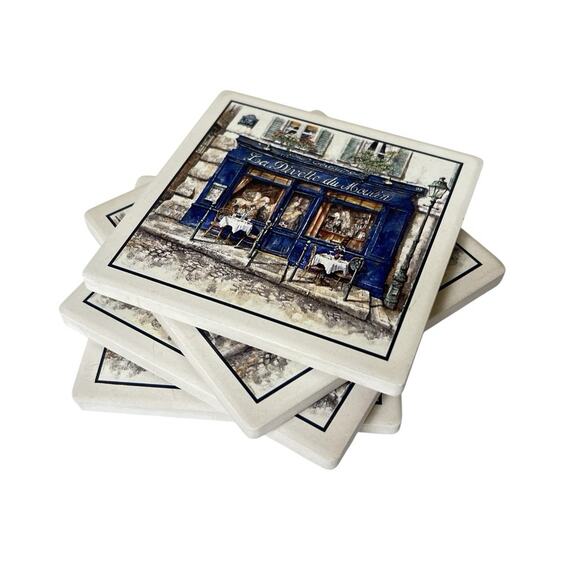 Ceramic Coasters Set Of 4 La Divette Du Moulin Cork Back Tray Paris Cafe - Picture 9 of 12